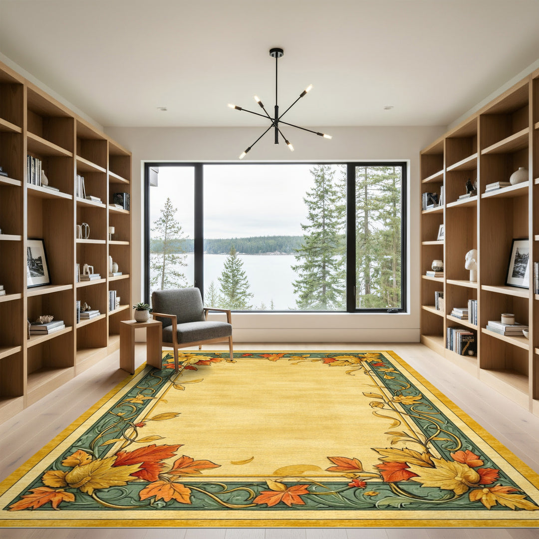 Vintage Teal Autumn Leaf Border Area Rug