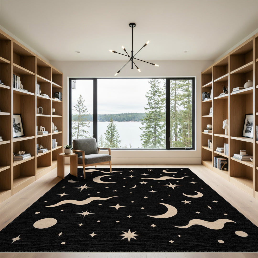 Celestial Black Boho Area Rug with Moons