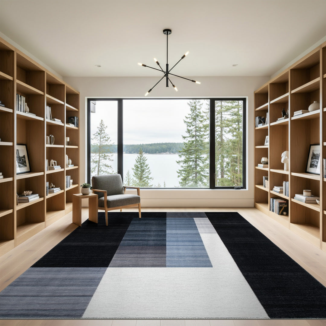 Black White Blue Geometric Area Rug