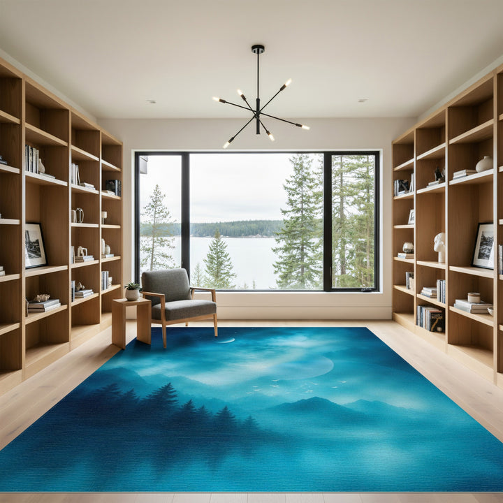 Blue Teal Moonlit Mountain Area Rug