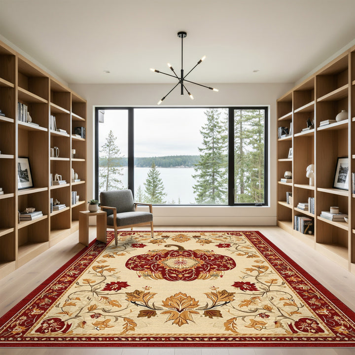 Red Pumpkin Autumn Floral Area Rug