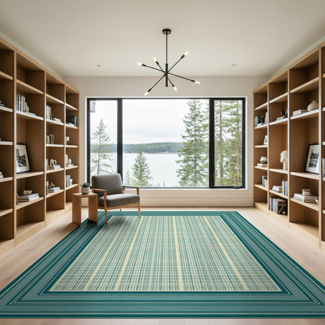 Blue and Teal Geometric Bordered Area Rug