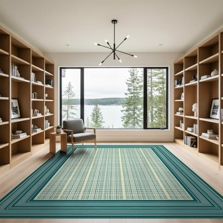 Blue and Teal Geometric Bordered Area Rug