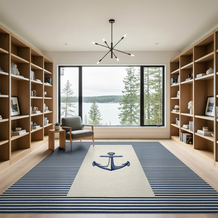 Navy Anchor Striped Coastal Area Rug