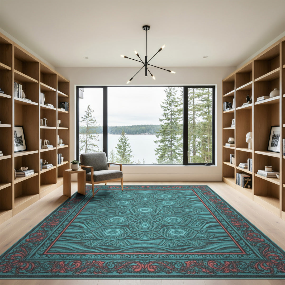 Teal Geometric Hexagon Area Rug with Red Border