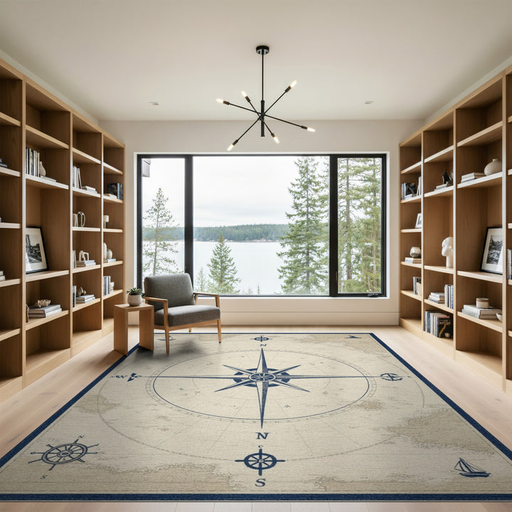 Distressed Vintage Blue and Teal Vintage Nautical Compass Blue Area Rug