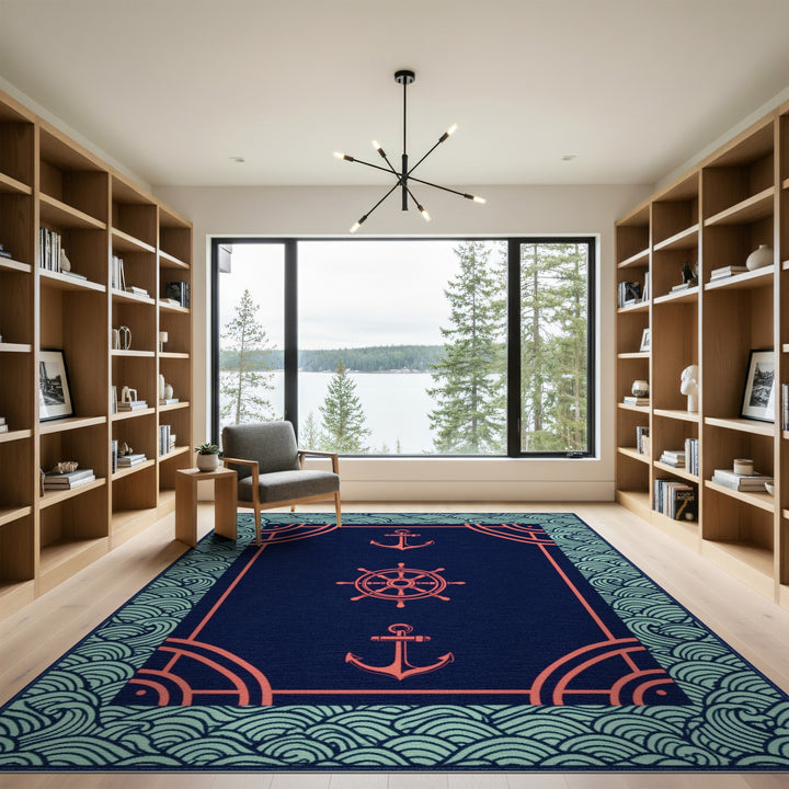 Blue Teal Nautical Anchor Ship Wheel Area Rug