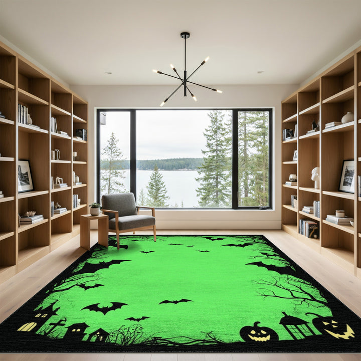 Green Halloween Bats and Pumpkins Area Rug