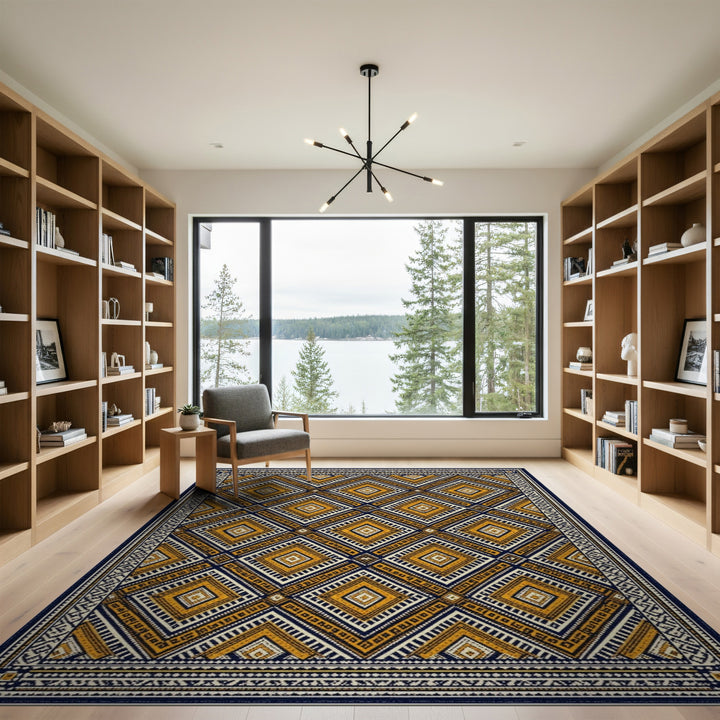 Navy Blue Yellow Geometric Tribal Area Rug