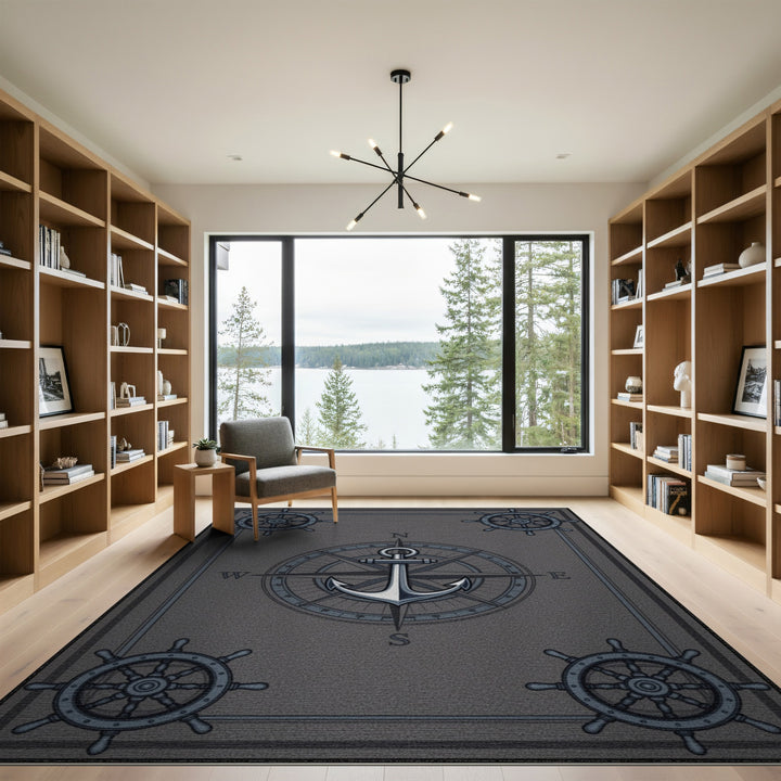 Grey Nautical Anchor Compass Area Rug