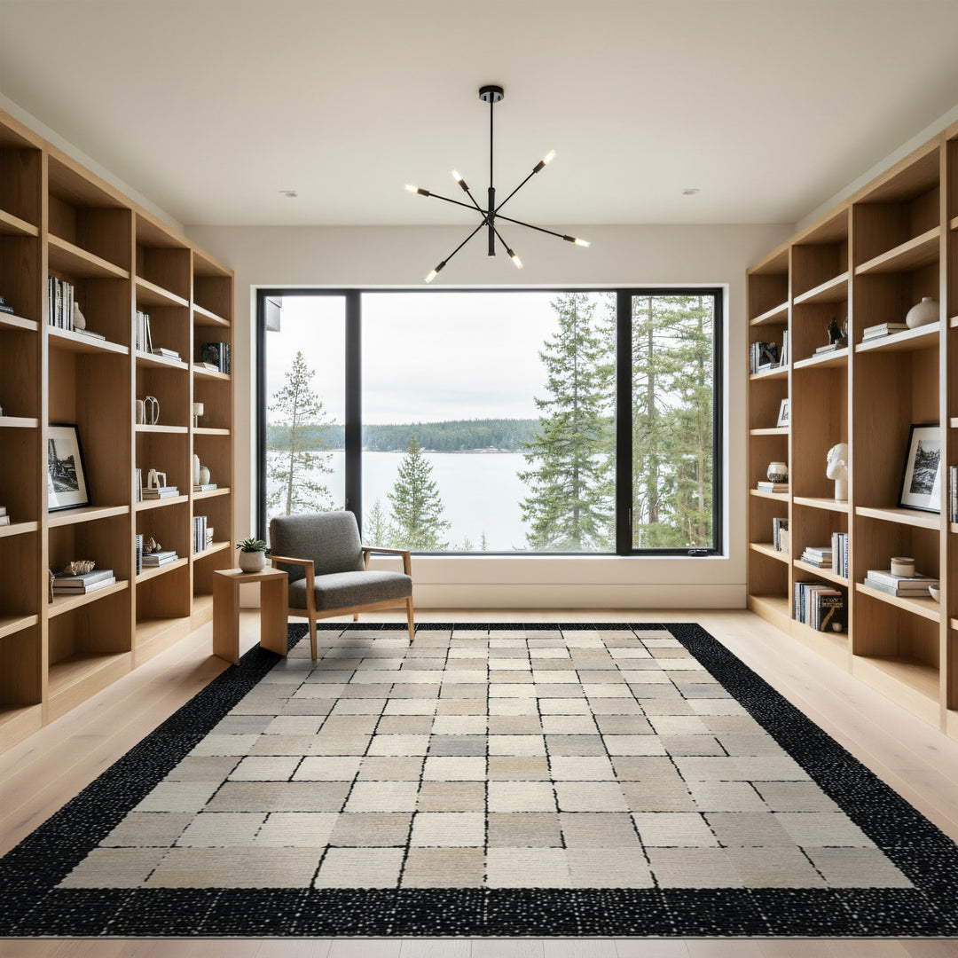 Geometric Modern Beige Neutral Geometric Grid Area Rug