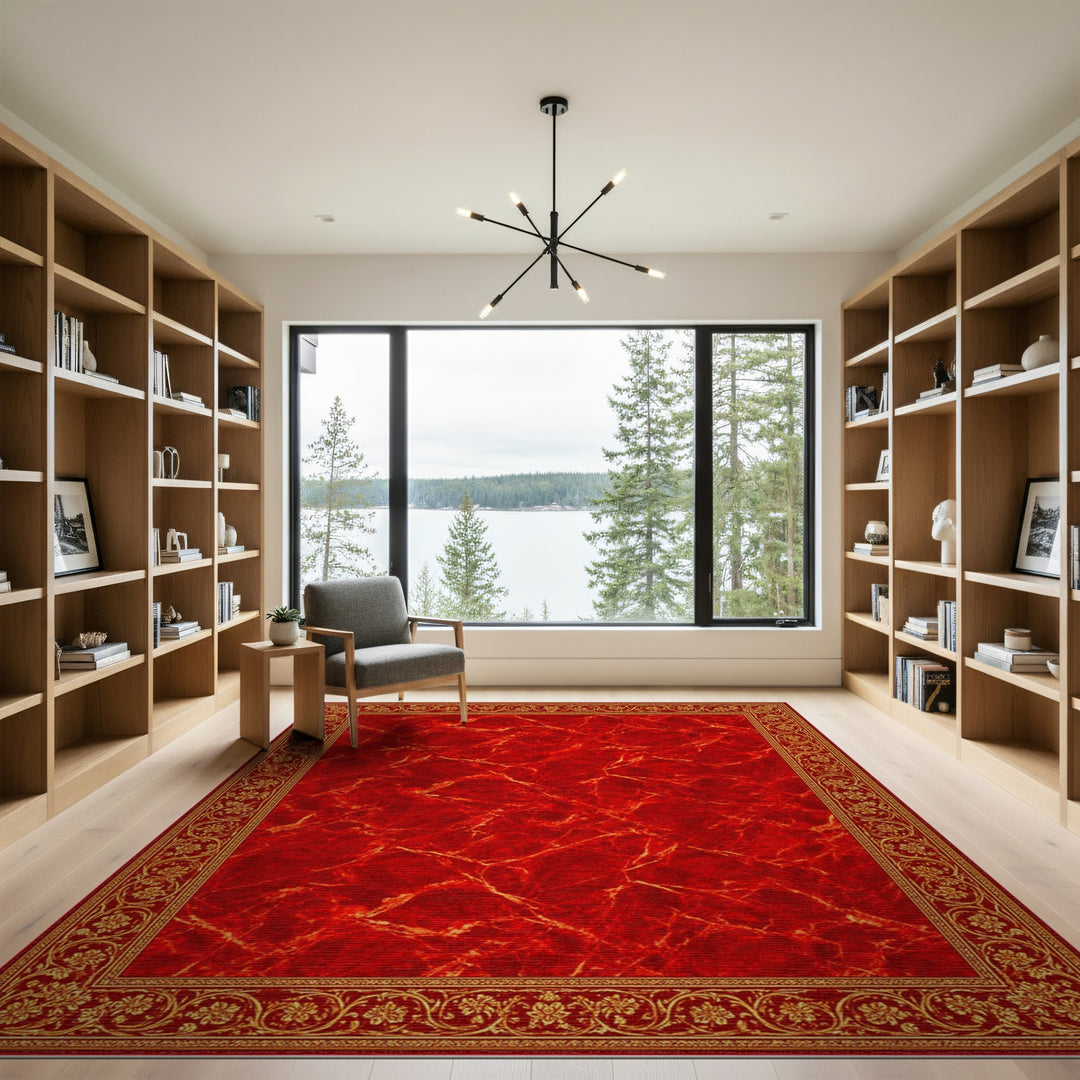 Red Marble Rug with Gold Floral Border
