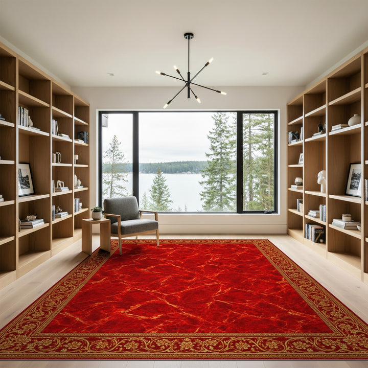 Red Marble Rug with Gold Floral Border
