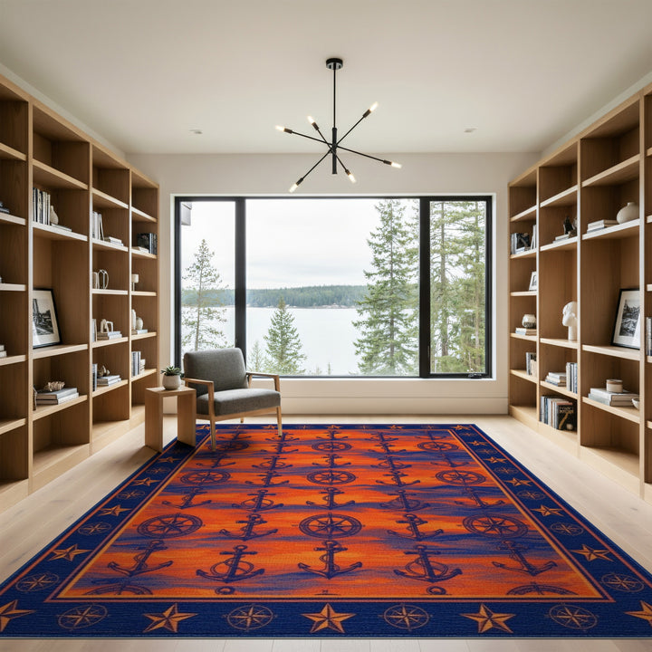 Orange Nautical Anchor Compass Area Rug