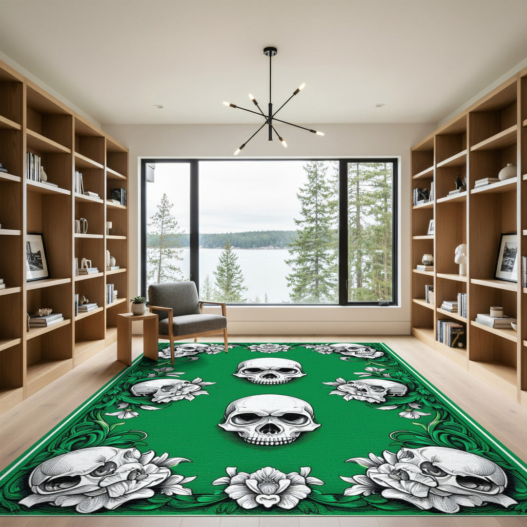 Green Skull Floral Area Rug
