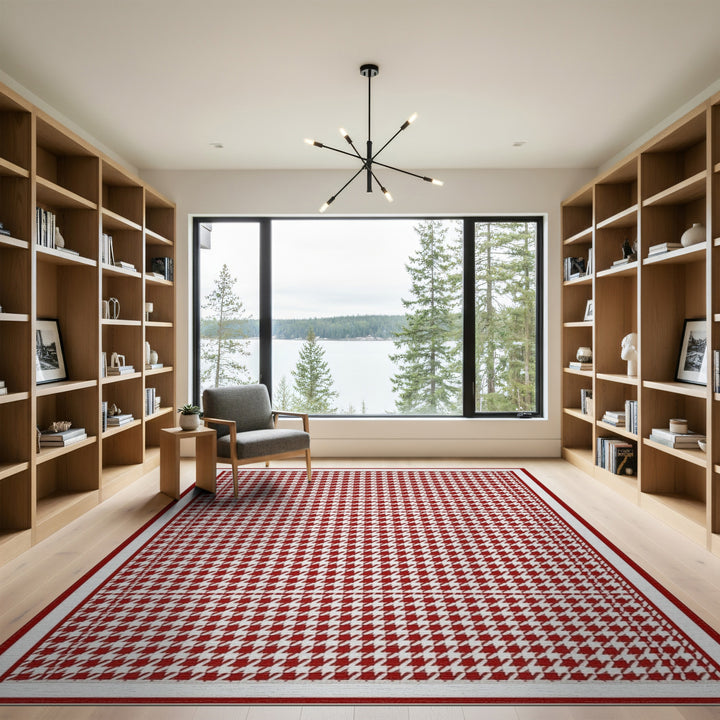 Red Houndstooth Washable Area Rug