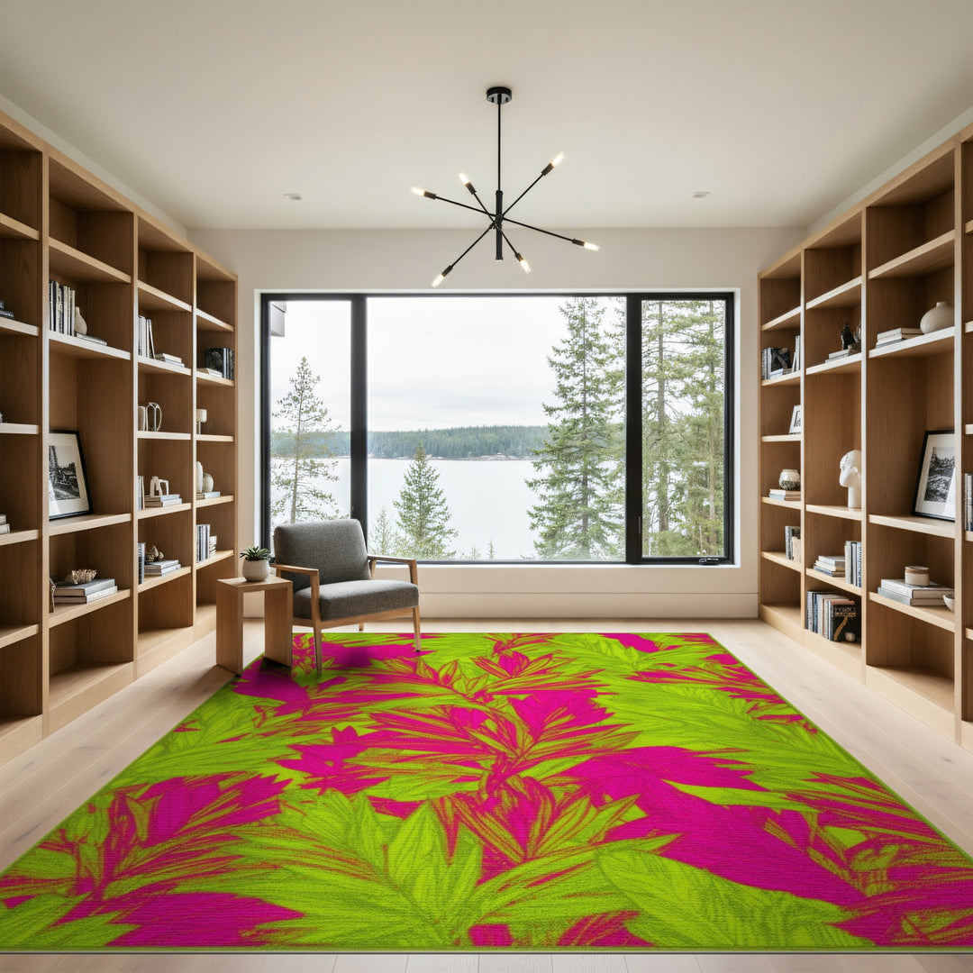 Bold Pink and Lime Leaf Area Rug