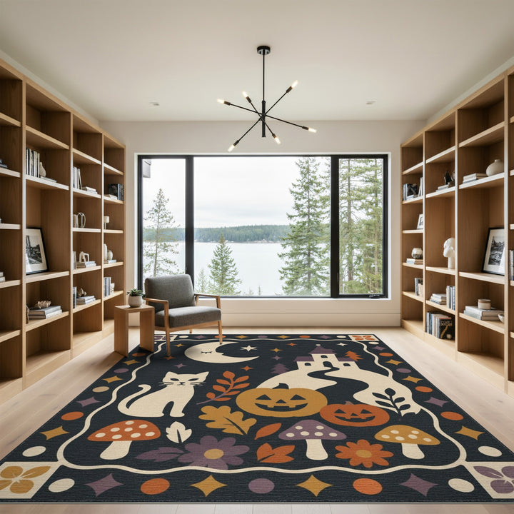 Whimsical Halloween Cat Castle Area Rug