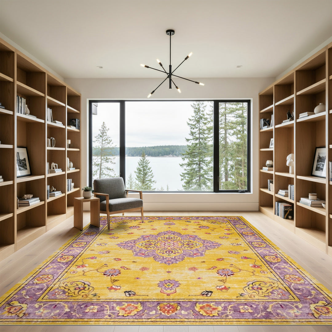 Golden Yellow Persian Medallion Floral Rug