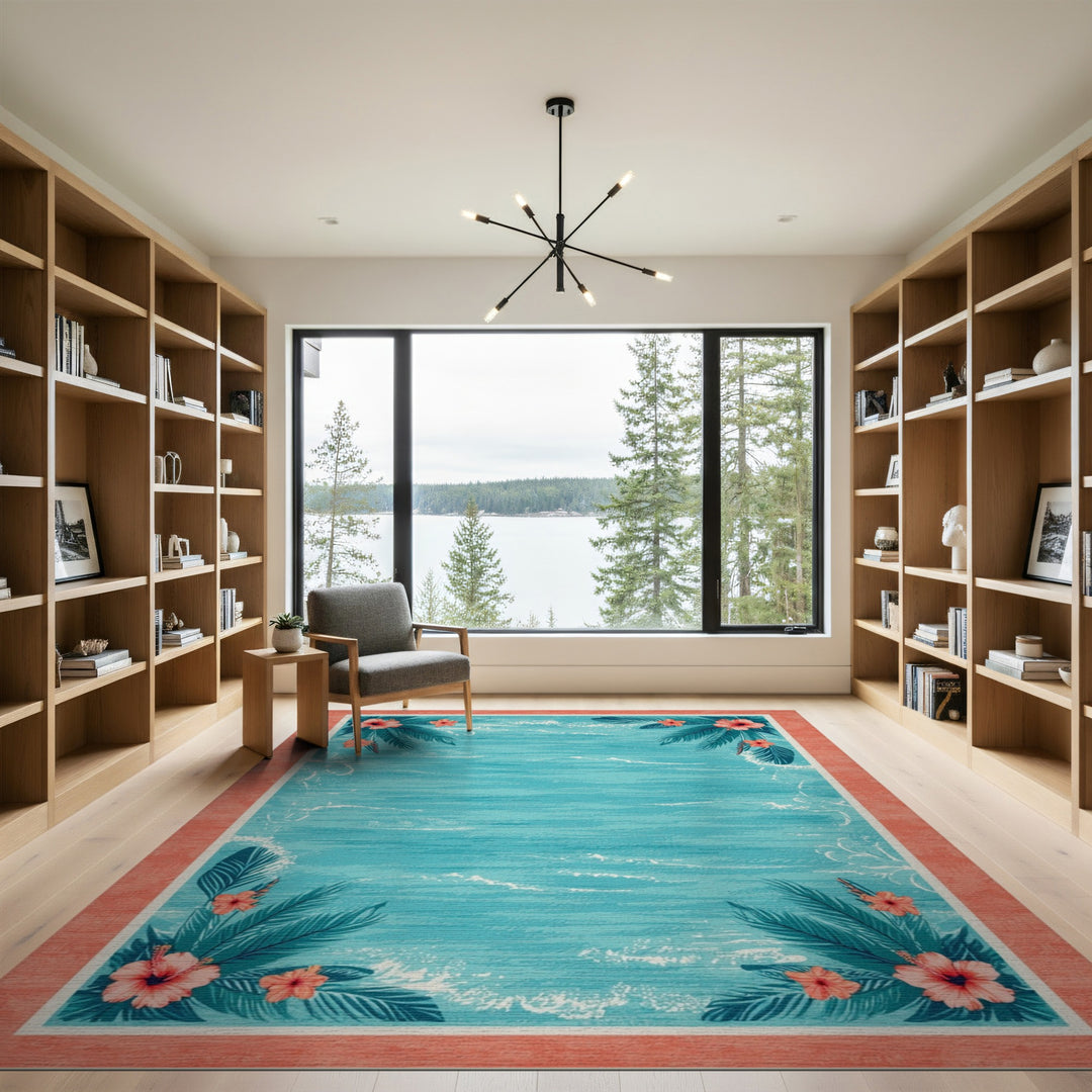 Blue Teal Coastal Wave Hibiscus Area Rug