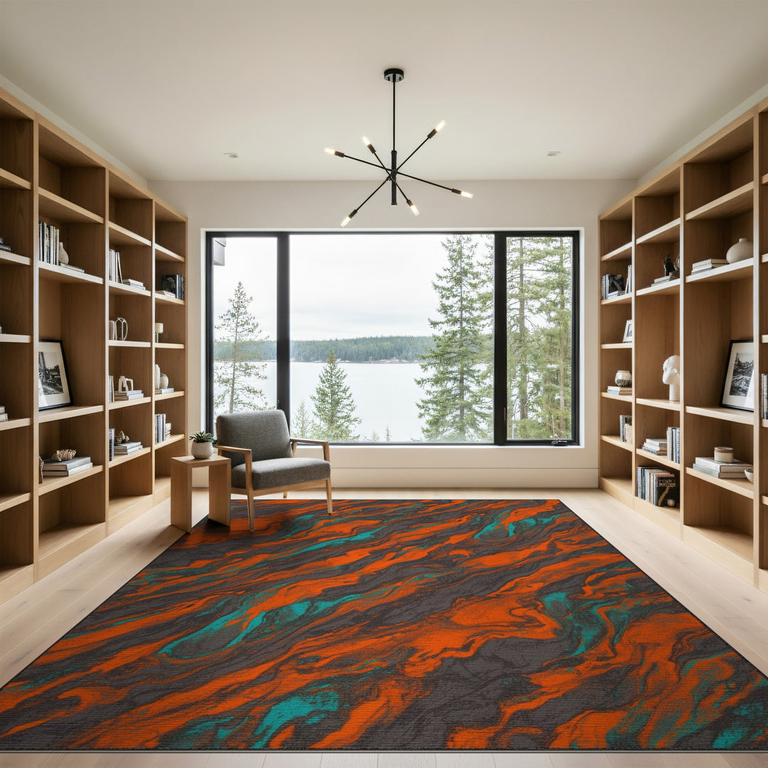 Vibrant Orange Teal Swirl Abstract Area Rug
