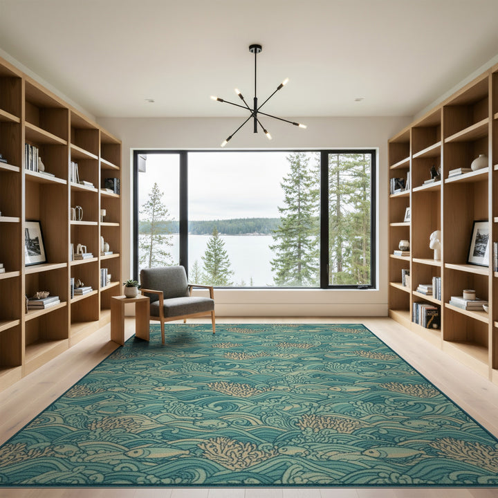 Teal Coastal Waves Fish Area Rug