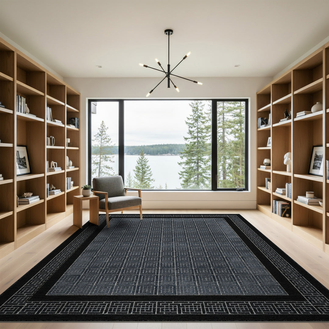 Black Geometric Grid Area Rug with Border