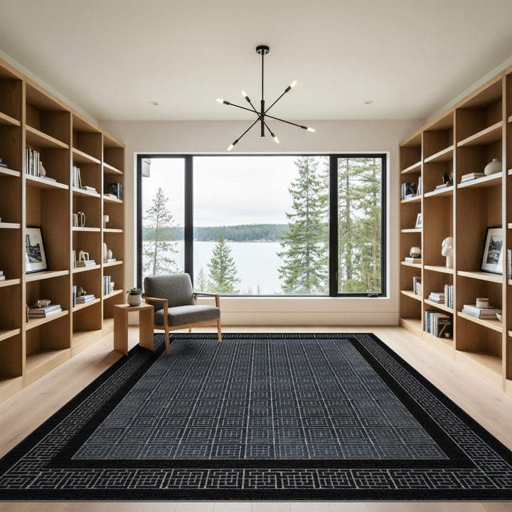 Black Geometric Grid Area Rug with Border