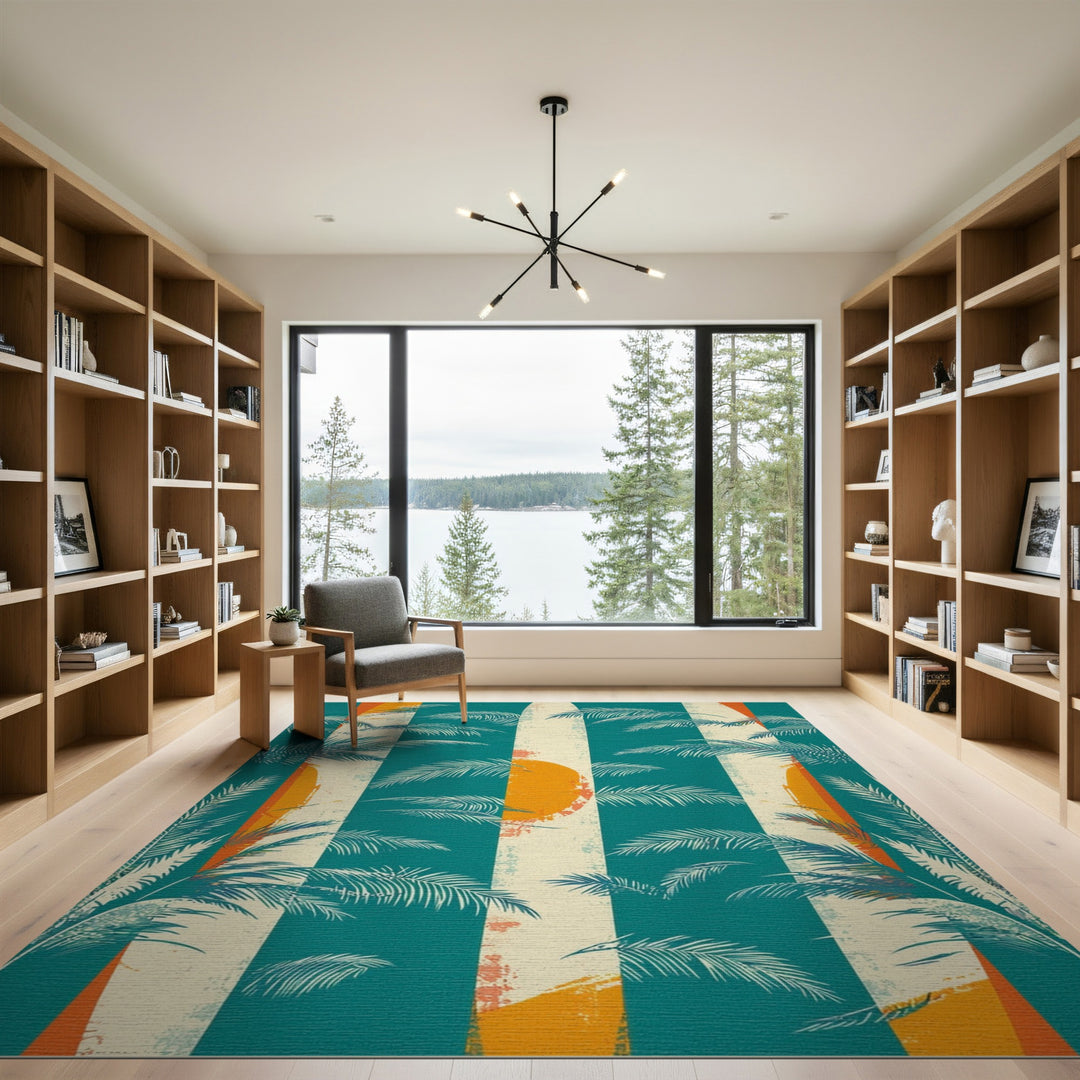 Coastal Surfboard Palm Washable Area Rug