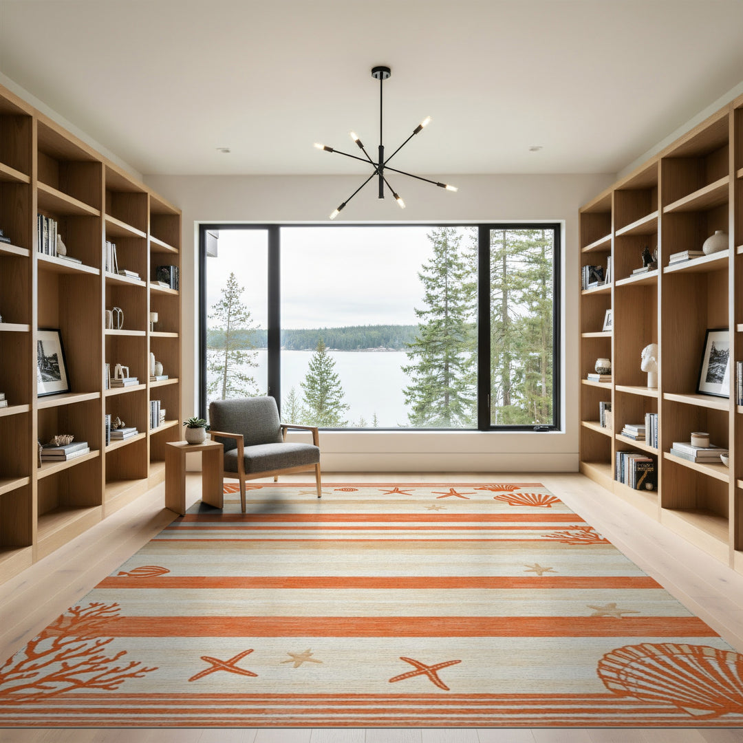 Coastal Orange Striped Seashell Area Rug