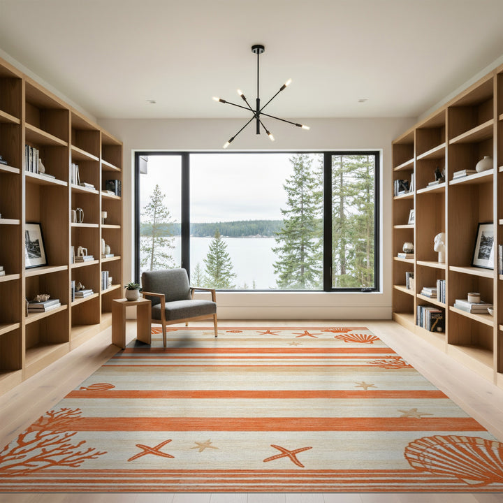 Coastal Orange Striped Seashell Area Rug