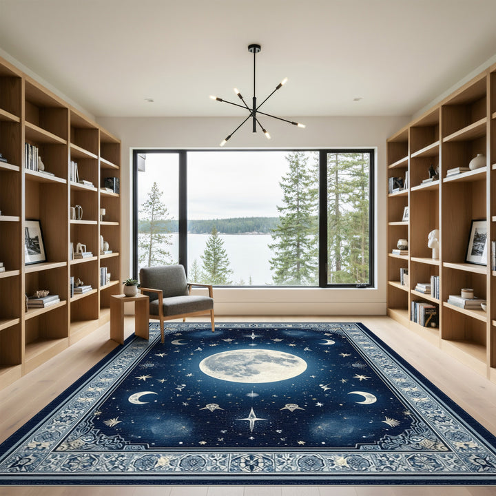 Vintage Blue Celestial Moon Area Rug