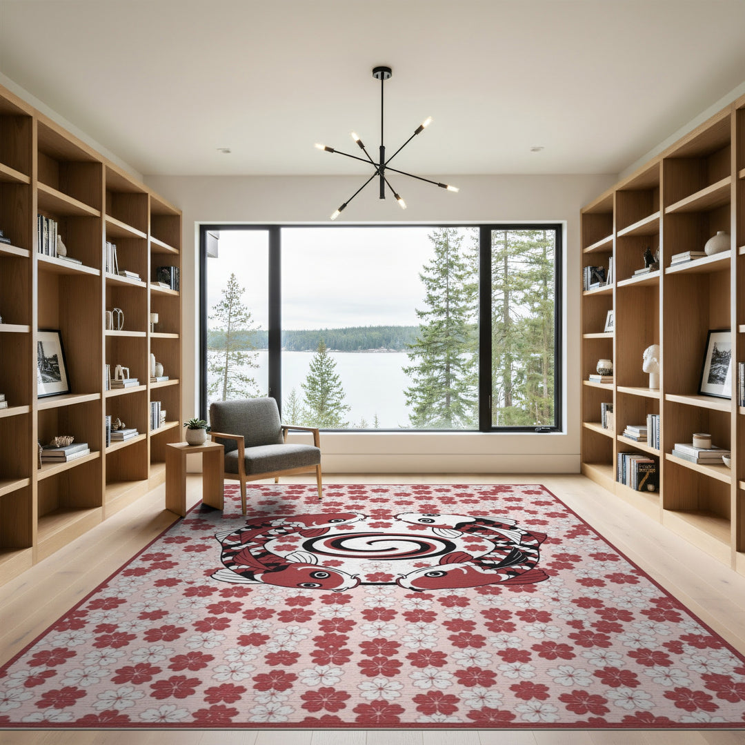 Koi Fish Circle Pink Floral Rug