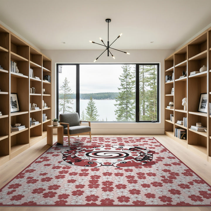 Koi Fish Circle Pink Floral Rug