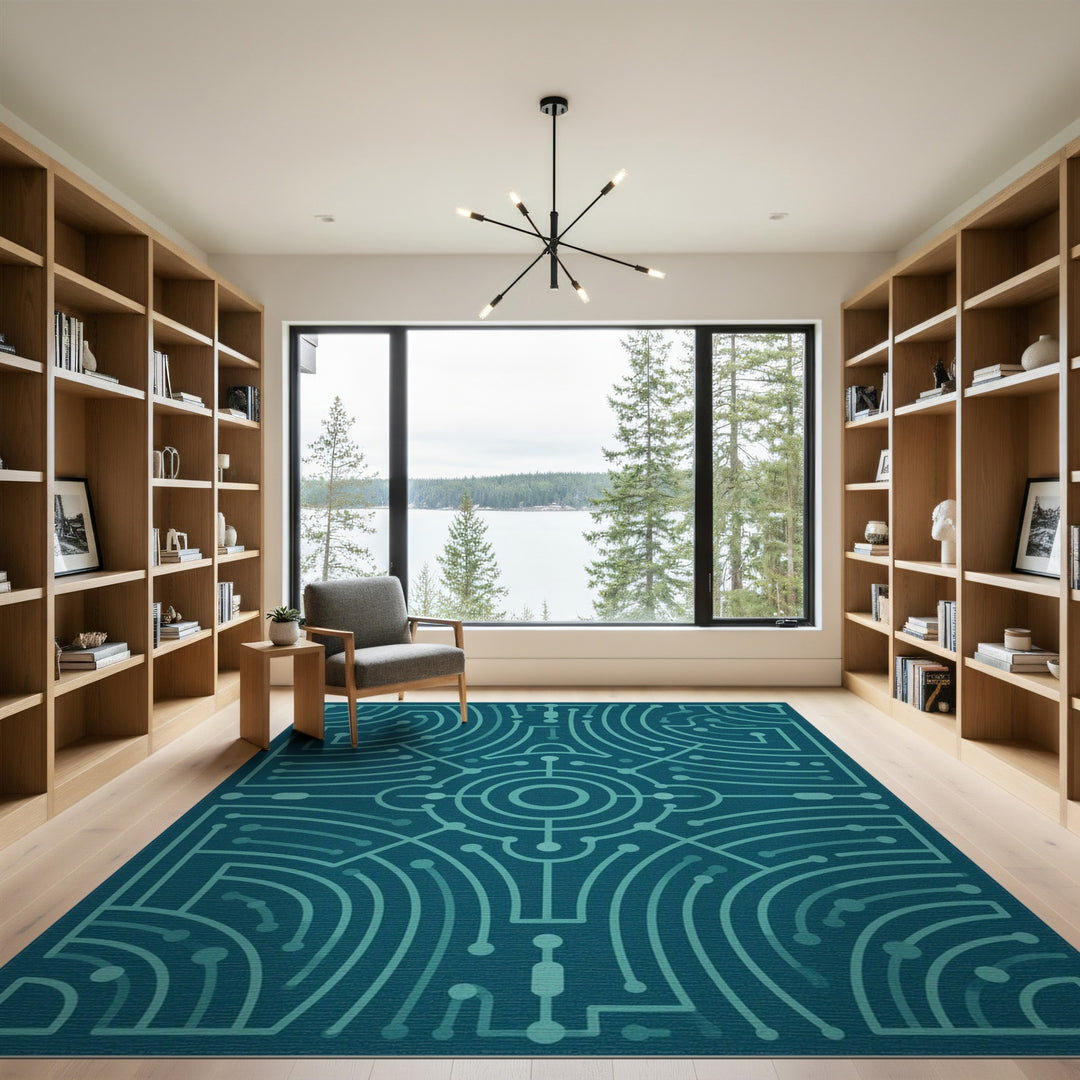 Teal Geometric Circuit Area Rug