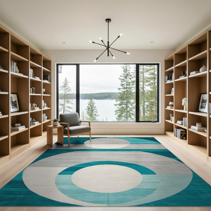 Blue and Teal Geometric Circles Modern Area Rug
