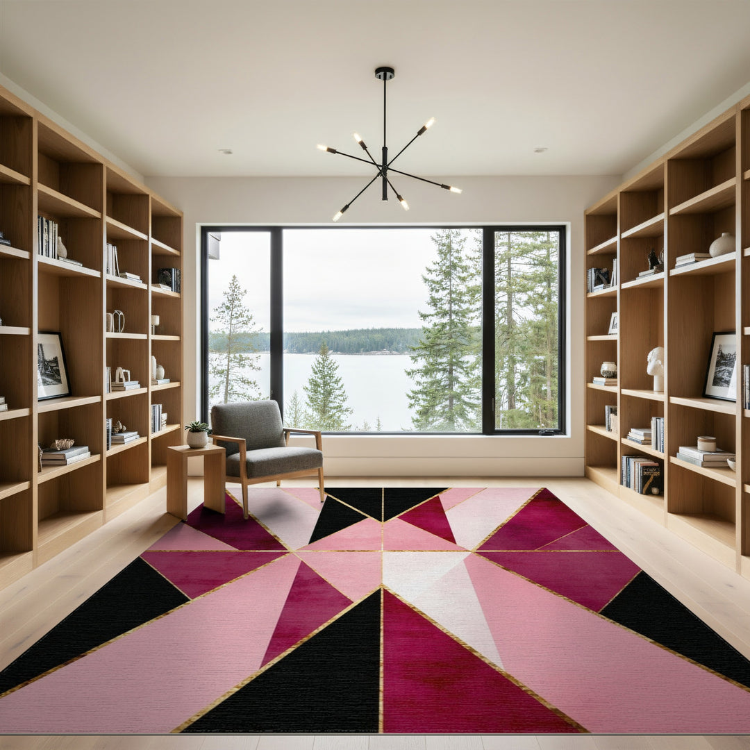Geometric Modern Pink Geometric Area Rug with Gold Accents