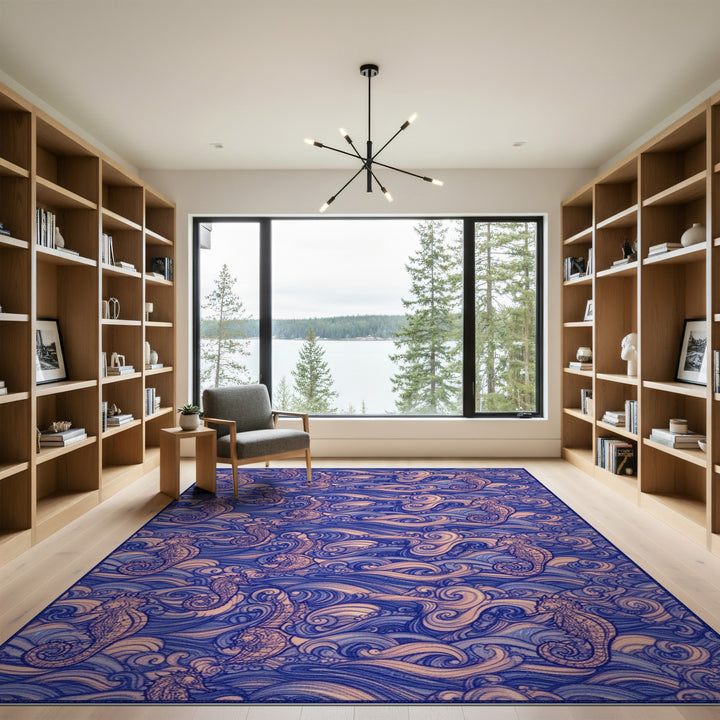 Blue Seahorse Wave Coastal Area Rug