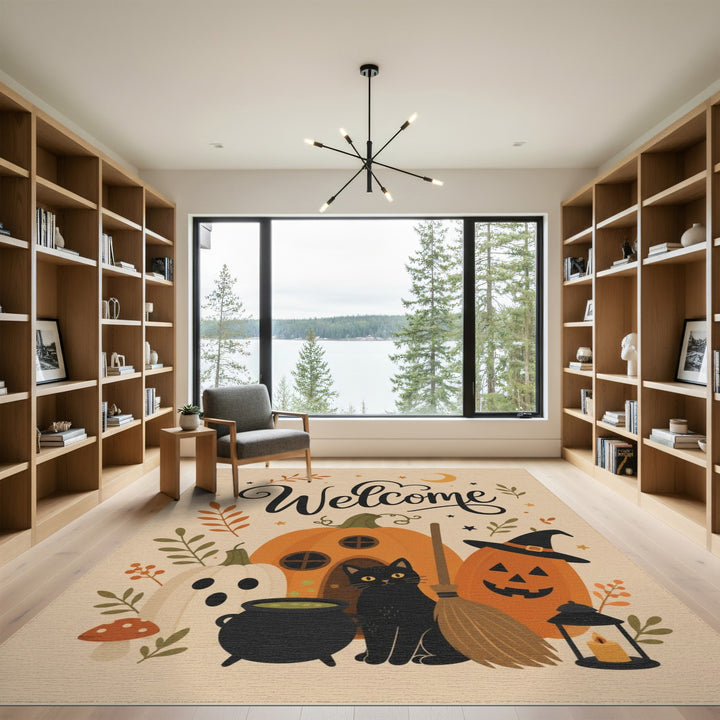 Halloween Welcome Pumpkin Cat Area Rug
