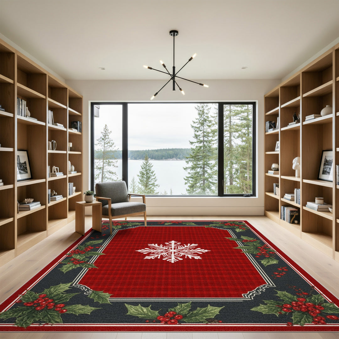 Red Plaid Snowflake Holly Area Rug
