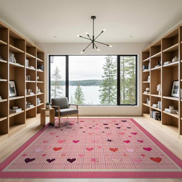 Pink Plaid Hearts Kids Washable Area Rug