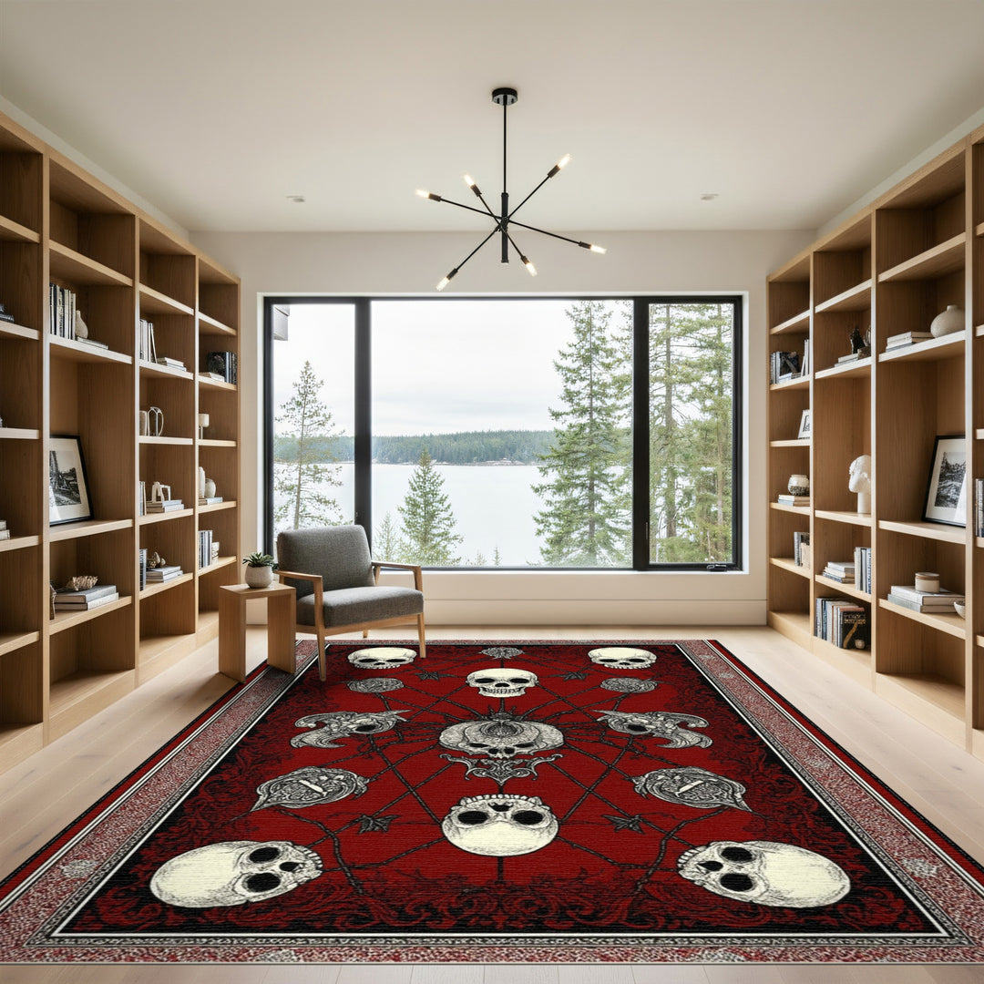 Distressed Vintage Red Gothic Skull Area Rug