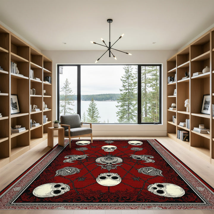 Distressed Vintage Red Gothic Skull Area Rug