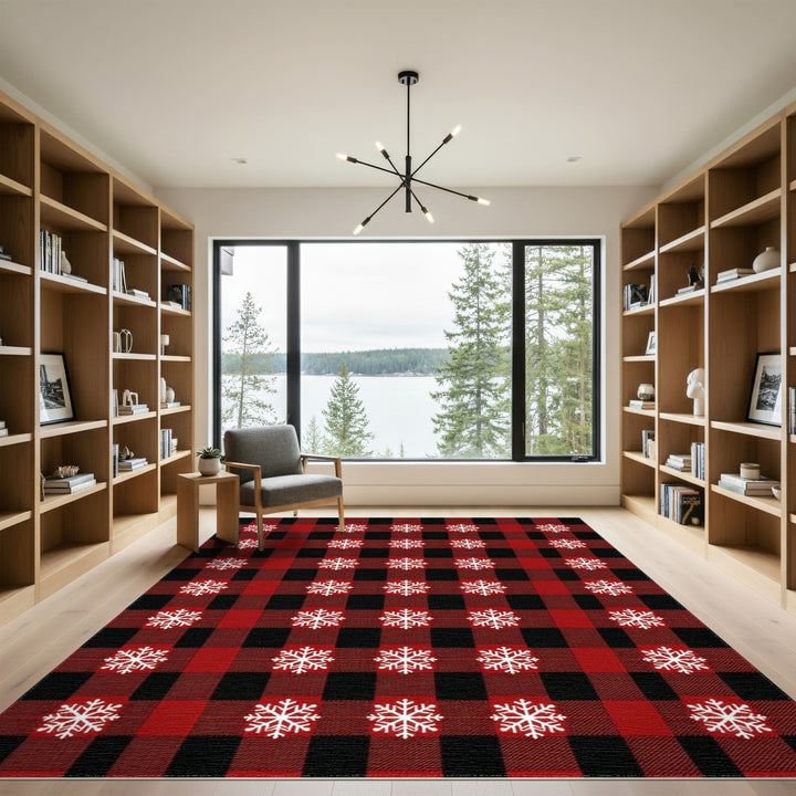 Rustic Farmhouse Red Buffalo Plaid Snowflake Area Rug