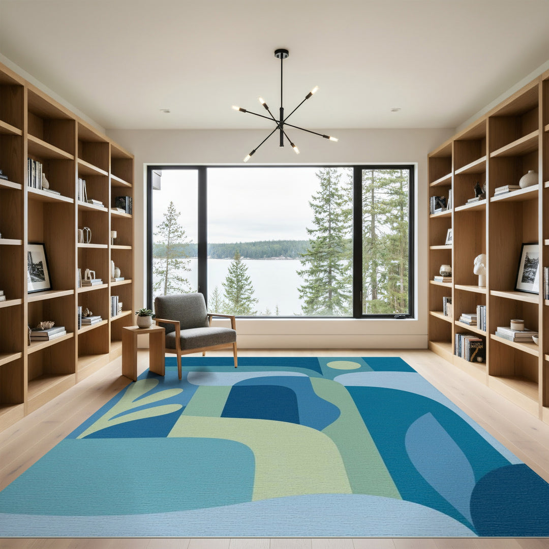 Blue Teal Abstract Washable Area Rug