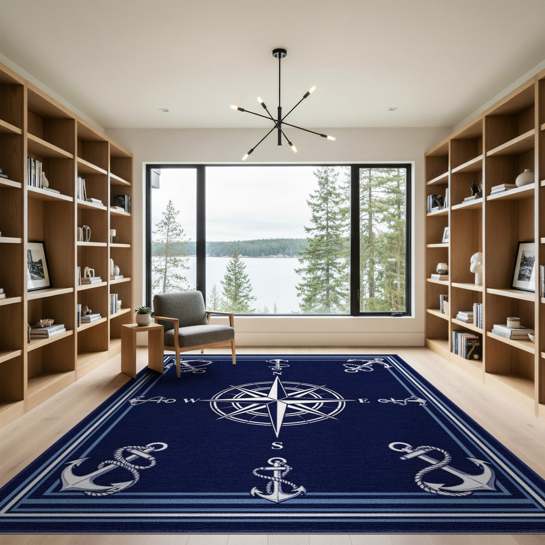 Navy Compass Anchor Coastal Area Rug
