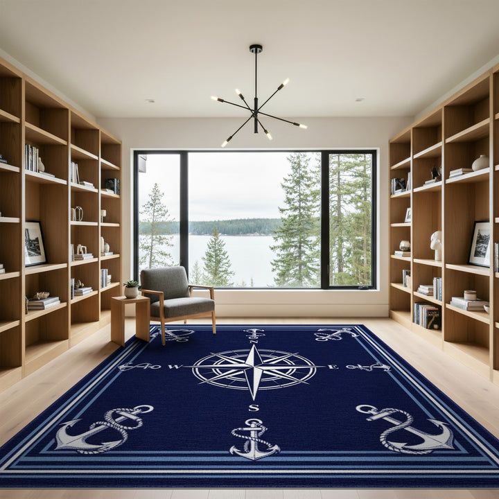 Navy Compass Anchor Coastal Area Rug
