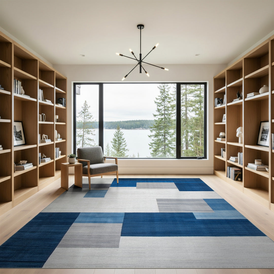 Geometric Modern Blue and Teal Blue Geometric Block Area Rug