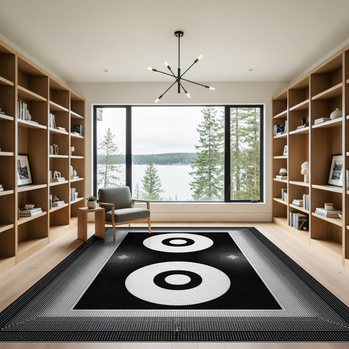Black White Double Circle Geometric Area Rug