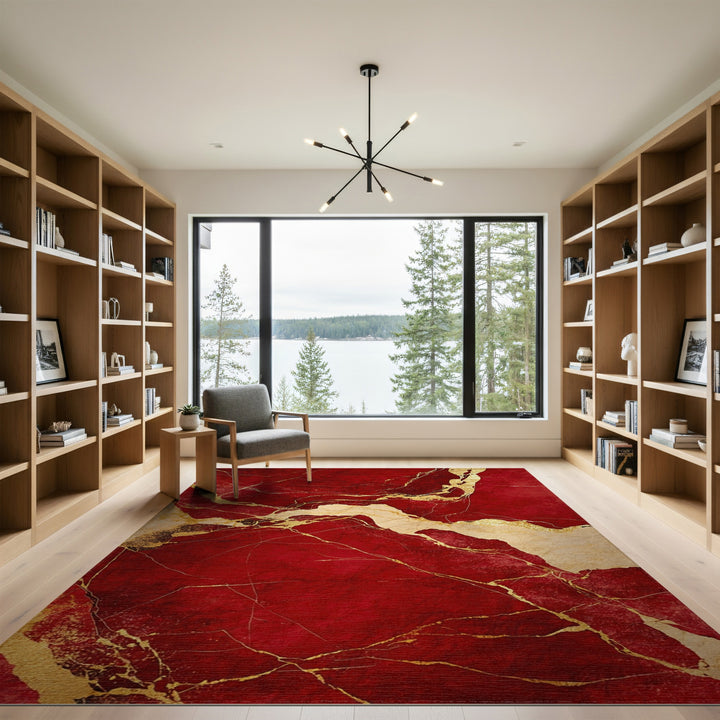 Red Marble Gold Vein Abstract Area Rug